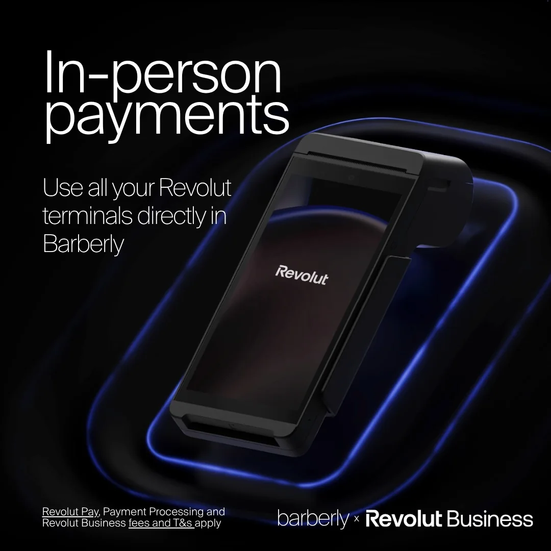 Revolut card terminal used with Barberly barbershop software